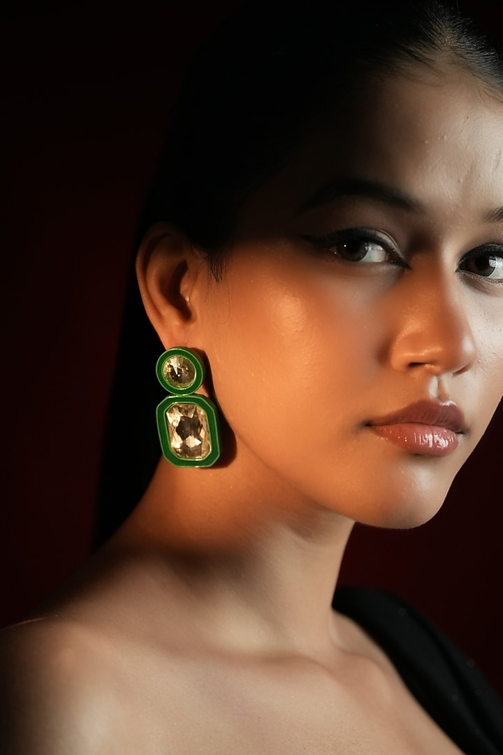 Gold Finish Round & Cushion-Cut Crystal Dangler Earrings by Bijoux By Priya Chandna at Pernia's Pop Up Shop