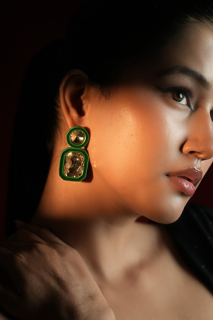 Gold Finish Round & Cushion-Cut Crystal Dangler Earrings by Bijoux By Priya Chandna at Pernia's Pop Up Shop