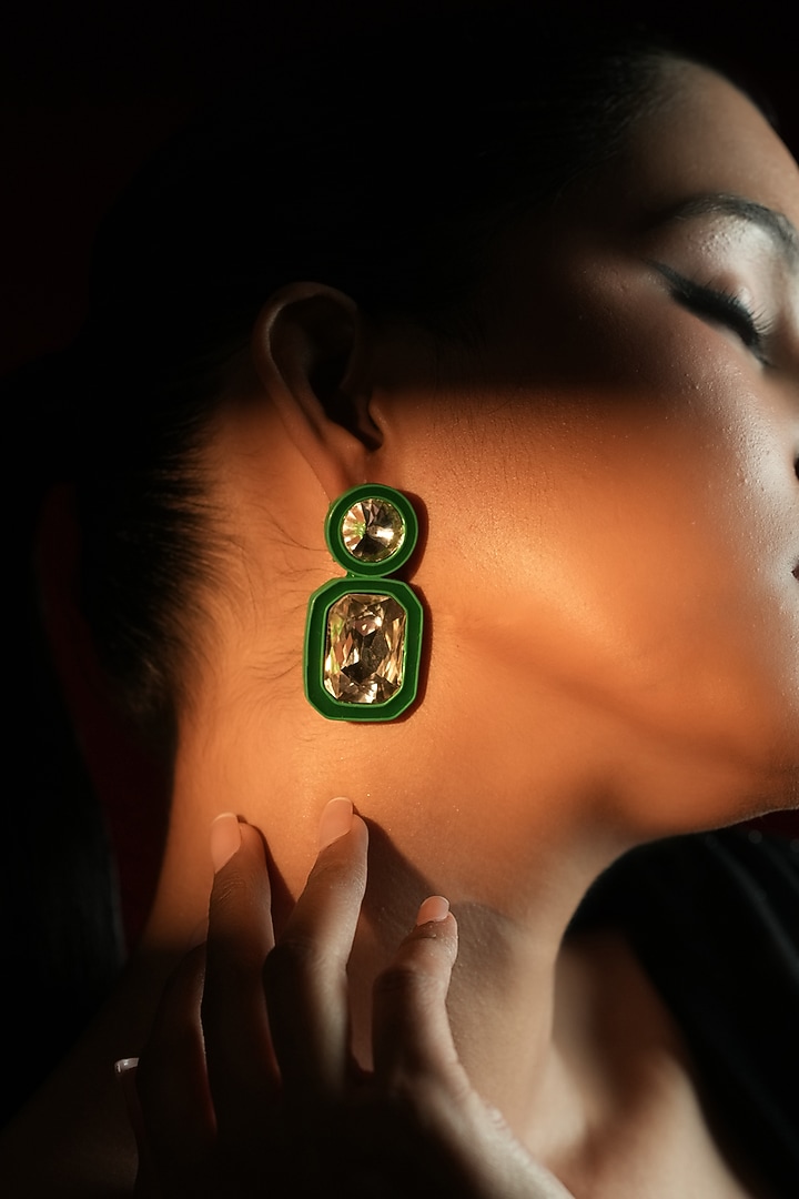 Gold Finish Round & Cushion-Cut Crystal Dangler Earrings by Bijoux By Priya Chandna at Pernia's Pop Up Shop