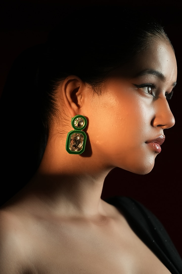 Gold Finish Round & Cushion-Cut Crystal Dangler Earrings by Bijoux By Priya Chandna at Pernia's Pop Up Shop