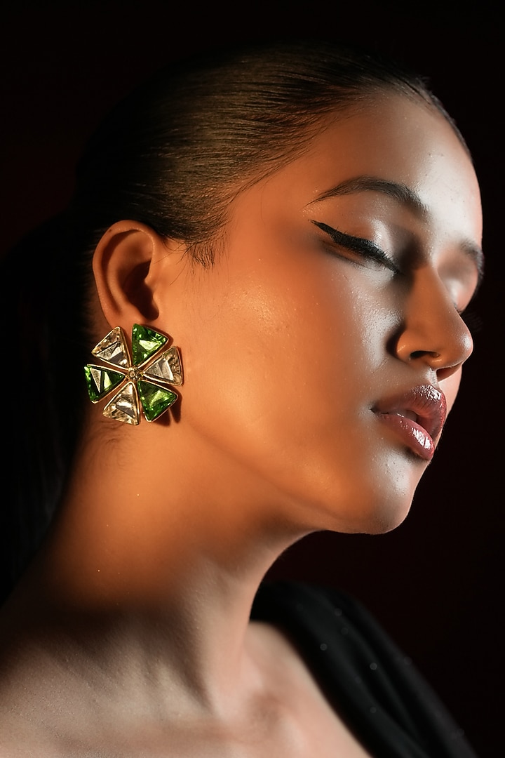 Gold Finish Triangle-Shaped Emerald Green Crystal Stud Earrings by Bijoux By Priya Chandna at Pernia's Pop Up Shop