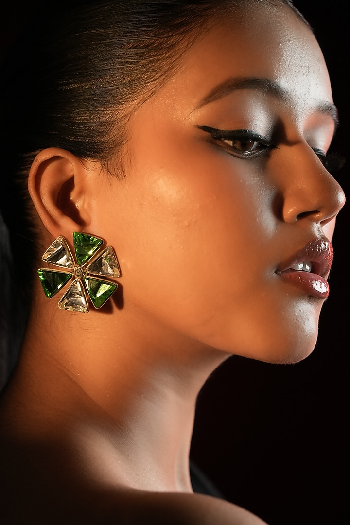 Gold Finish Triangle-Shaped Emerald Green Crystal Stud Earrings by Bijoux By Priya Chandna at Pernia's Pop Up Shop
