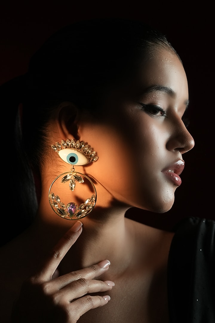 Gold Finish Crystal White Evil-Eye Hoop Earrings by Bijoux By Priya Chandna at Pernia's Pop Up Shop