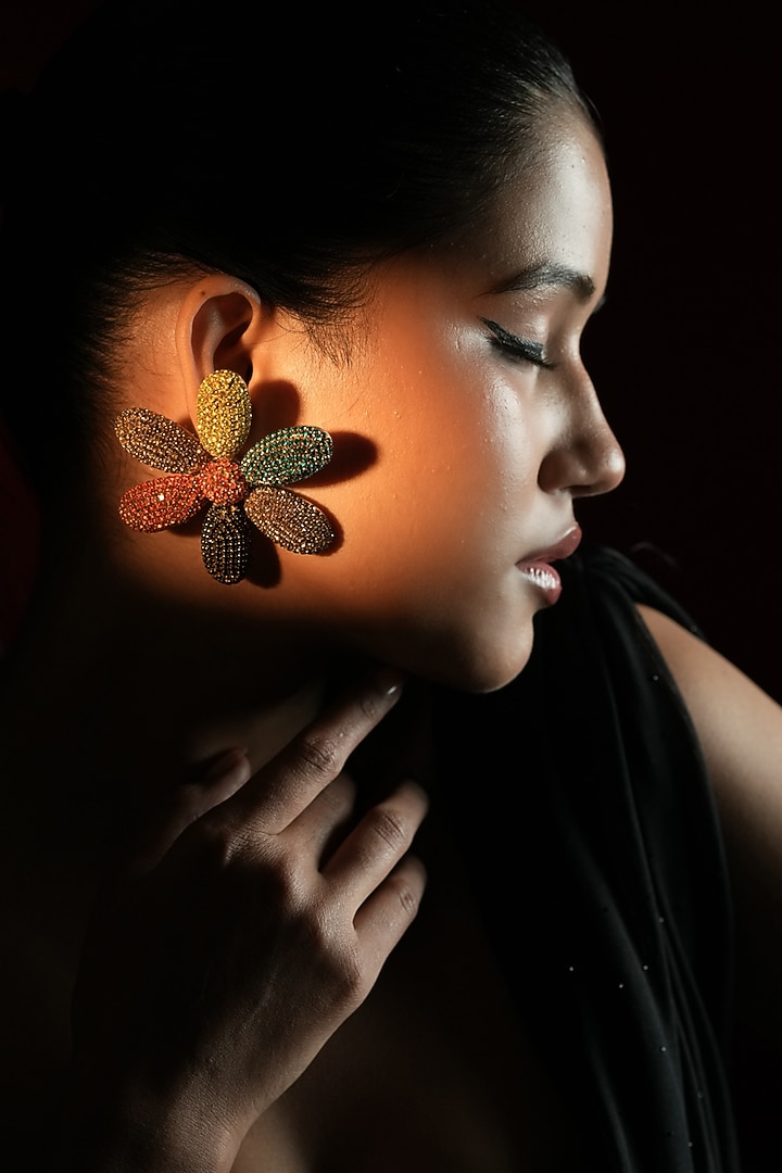 Gold Finish Multi-Colored Stone Floral-Shaped Stud Earrings by Bijoux By Priya Chandna at Pernia's Pop Up Shop