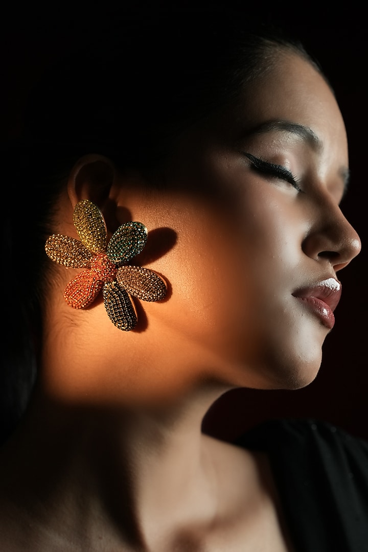 Gold Finish Multi-Colored Stone Floral-Shaped Stud Earrings by Bijoux By Priya Chandna at Pernia's Pop Up Shop