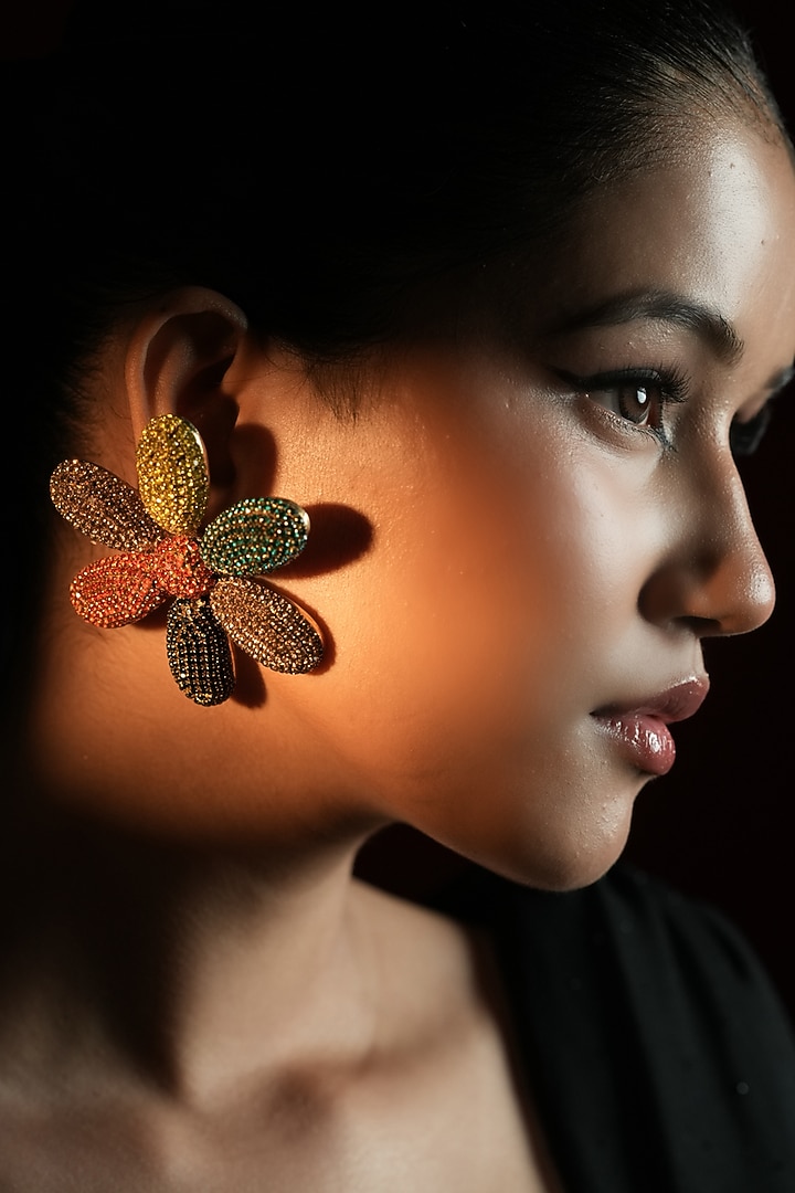 Gold Finish Multi-Colored Stone Floral-Shaped Stud Earrings by Bijoux By Priya Chandna at Pernia's Pop Up Shop