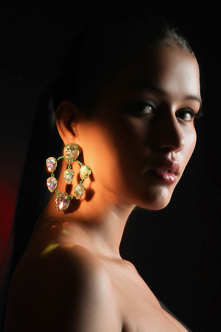 Gold Finish Teardrop-Shaped Emerald Stone Hoop Earrings by Bijoux By Priya Chandna at Pernia's Pop Up Shop