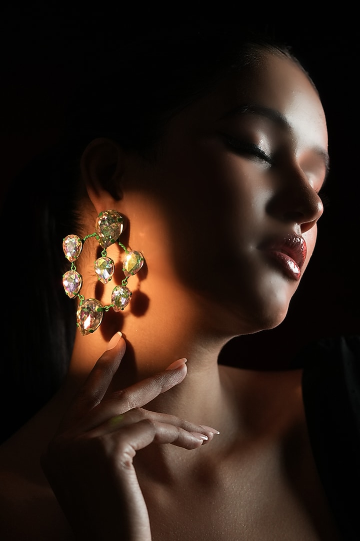 Gold Finish Teardrop-Shaped Emerald Stone Hoop Earrings by Bijoux By Priya Chandna at Pernia's Pop Up Shop