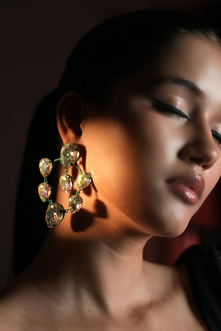 Gold Finish Teardrop-Shaped Emerald Stone Hoop Earrings by Bijoux By Priya Chandna at Pernia's Pop Up Shop