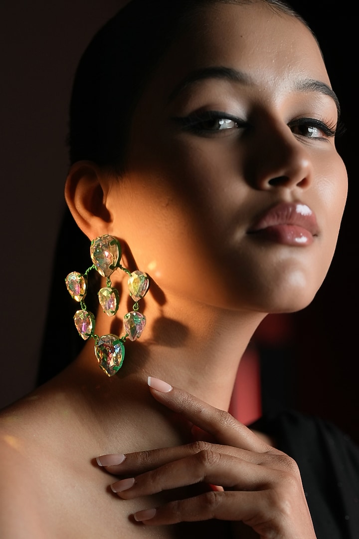 Gold Finish Teardrop-Shaped Emerald Stone Hoop Earrings by Bijoux By Priya Chandna at Pernia's Pop Up Shop