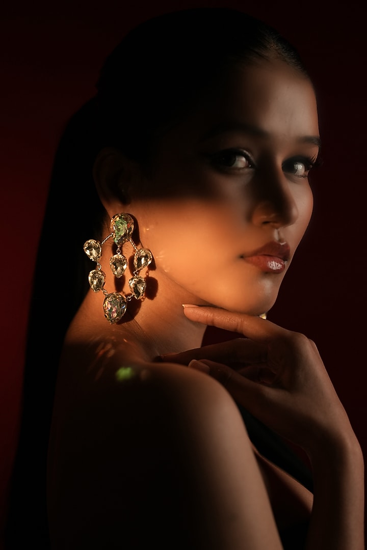 Silver Finish Oval & Pear-Cut Hoop Earrings by Bijoux By Priya Chandna at Pernia's Pop Up Shop