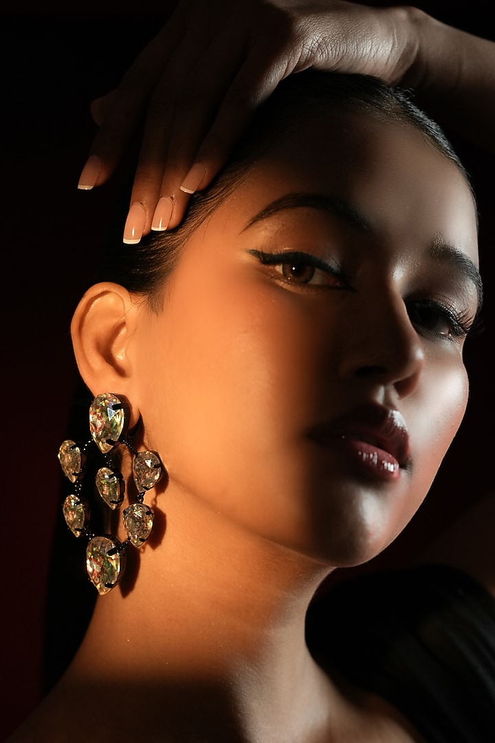 Gunmetal Finish Teardrop-Shaped Crystal Hoop Earrings by Bijoux By Priya Chandna at Pernia's Pop Up Shop