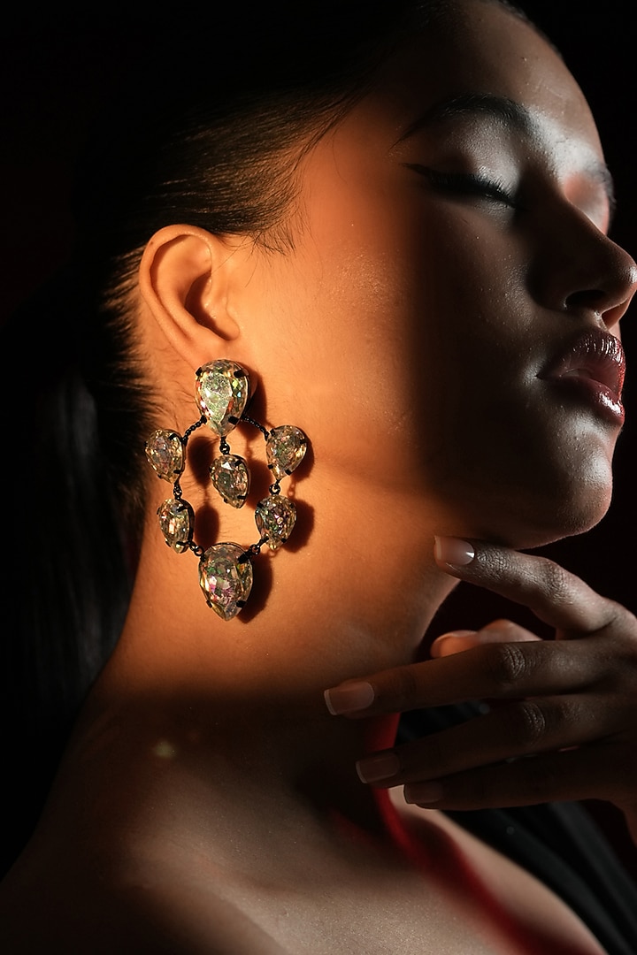 Gunmetal Finish Teardrop-Shaped Crystal Hoop Earrings by Bijoux By Priya Chandna at Pernia's Pop Up Shop