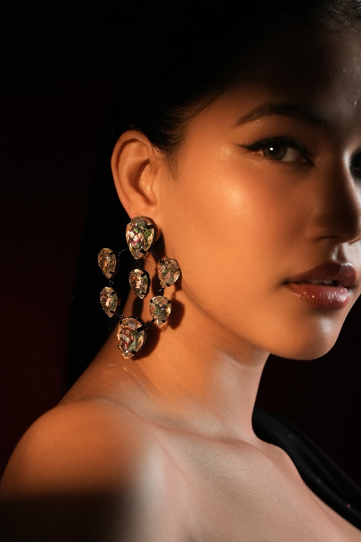 Gunmetal Finish Teardrop-Shaped Crystal Hoop Earrings by Bijoux By Priya Chandna at Pernia's Pop Up Shop