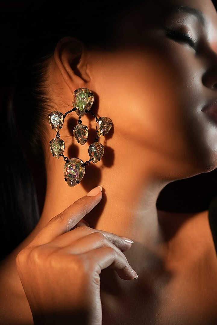 Gunmetal Finish Teardrop-Shaped Crystal Hoop Earrings by Bijoux By Priya Chandna at Pernia's Pop Up Shop
