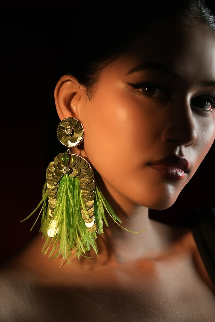 Gold Finish Sequins Work & Green Feather Tassel Dangler Earrings by Bijoux By Priya Chandna at Pernia's Pop Up Shop