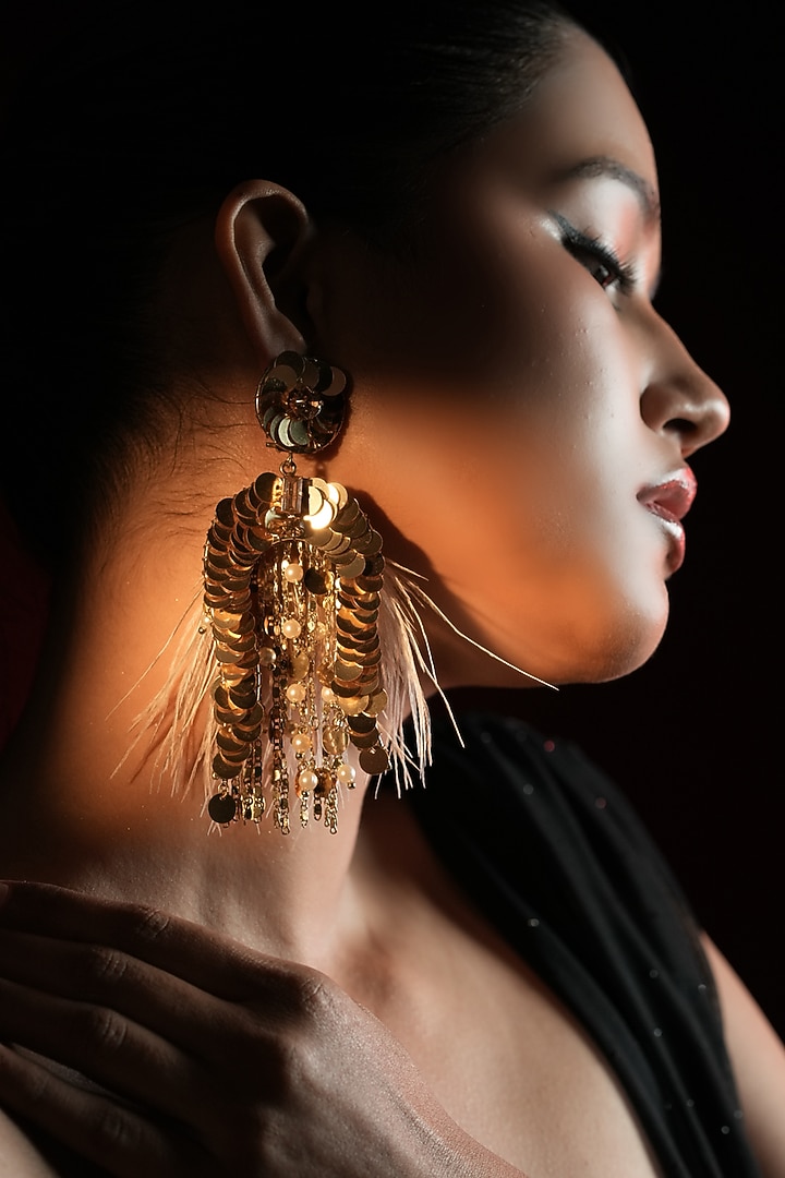 Gold Finish Sequins Work & Feather Tassel Dangler Earrings by Bijoux By Priya Chandna at Pernia's Pop Up Shop
