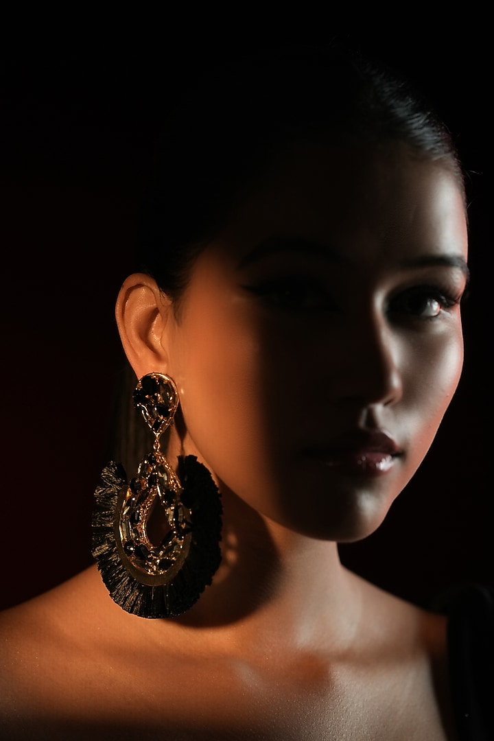 Gold Finish Crystal & Black Raffia Dangler Earrings by Bijoux By Priya Chandna at Pernia's Pop Up Shop