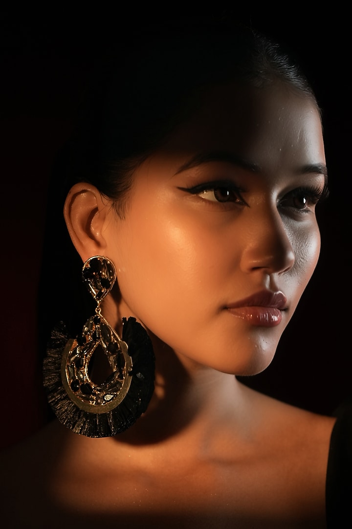 Gold Finish Crystal & Black Raffia Dangler Earrings by Bijoux By Priya Chandna at Pernia's Pop Up Shop