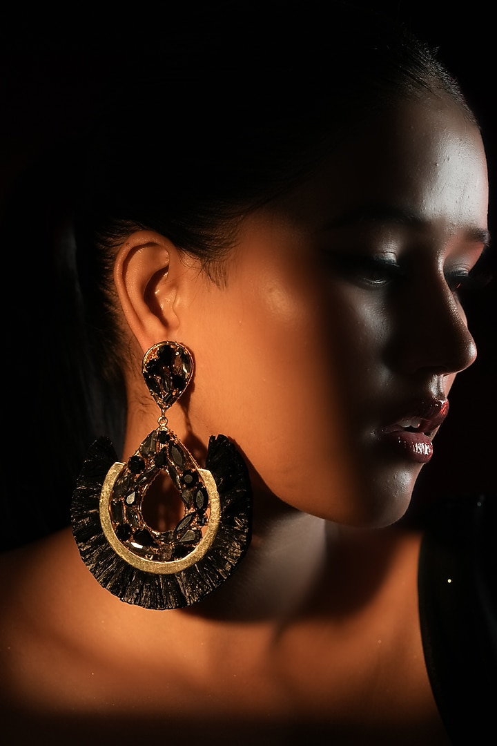 Gold Finish Crystal & Black Raffia Dangler Earrings by Bijoux By Priya Chandna at Pernia's Pop Up Shop
