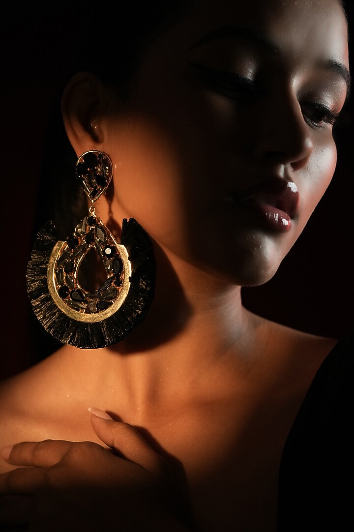 Gold Finish Crystal & Black Raffia Dangler Earrings by Bijoux By Priya Chandna at Pernia's Pop Up Shop