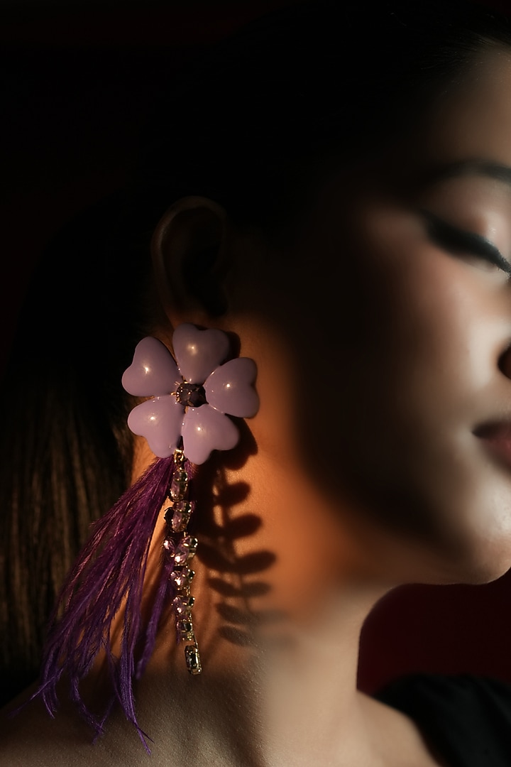Gold Finish Crystal & Feather Tassel Enameled Floral Dangler Earrings by Bijoux By Priya Chandna at Pernia's Pop Up Shop