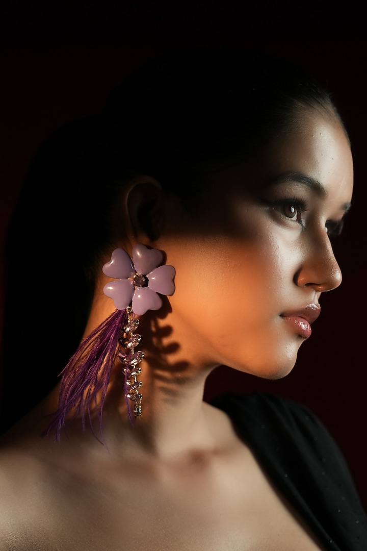 Gold Finish Crystal & Feather Tassel Enameled Floral Dangler Earrings by Bijoux By Priya Chandna at Pernia's Pop Up Shop