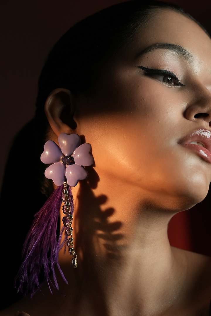 Gold Finish Crystal & Feather Tassel Enameled Floral Dangler Earrings by Bijoux By Priya Chandna at Pernia's Pop Up Shop
