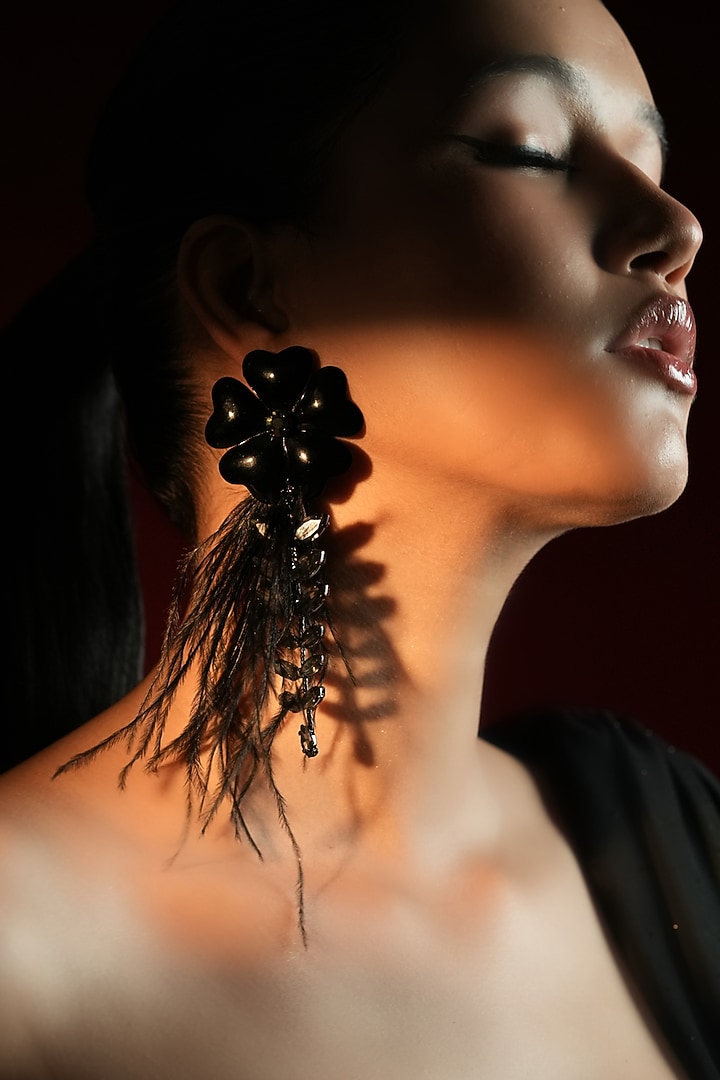 Gold Finish Crystal & Feather Tassel Enameled Floral Dangler Earrings by Bijoux By Priya Chandna at Pernia's Pop Up Shop