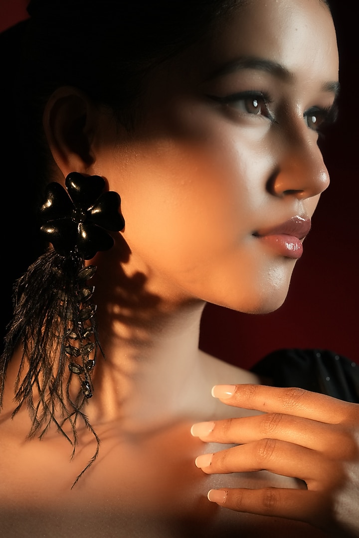 Gold Finish Crystal & Feather Tassel Enameled Floral Dangler Earrings by Bijoux By Priya Chandna at Pernia's Pop Up Shop