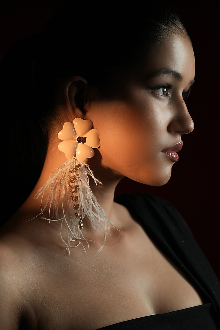 Gold Finish Champagne Stone & White Feather Enameled Floral Dangler Earrings by Bijoux By Priya Chandna at Pernia's Pop Up Shop