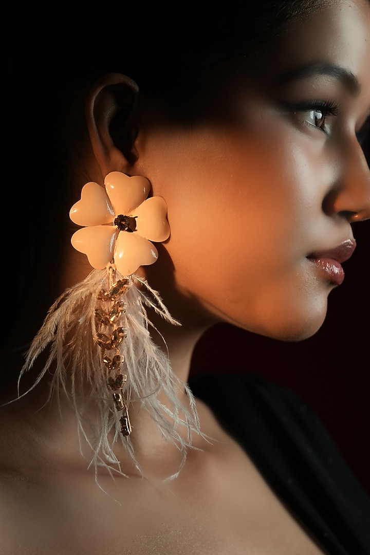 Gold Finish Champagne Stone & White Feather Enameled Floral Dangler Earrings by Bijoux By Priya Chandna at Pernia's Pop Up Shop