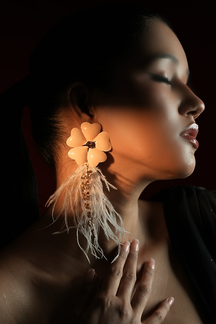 Gold Finish Champagne Stone & White Feather Enameled Floral Dangler Earrings by Bijoux By Priya Chandna at Pernia's Pop Up Shop