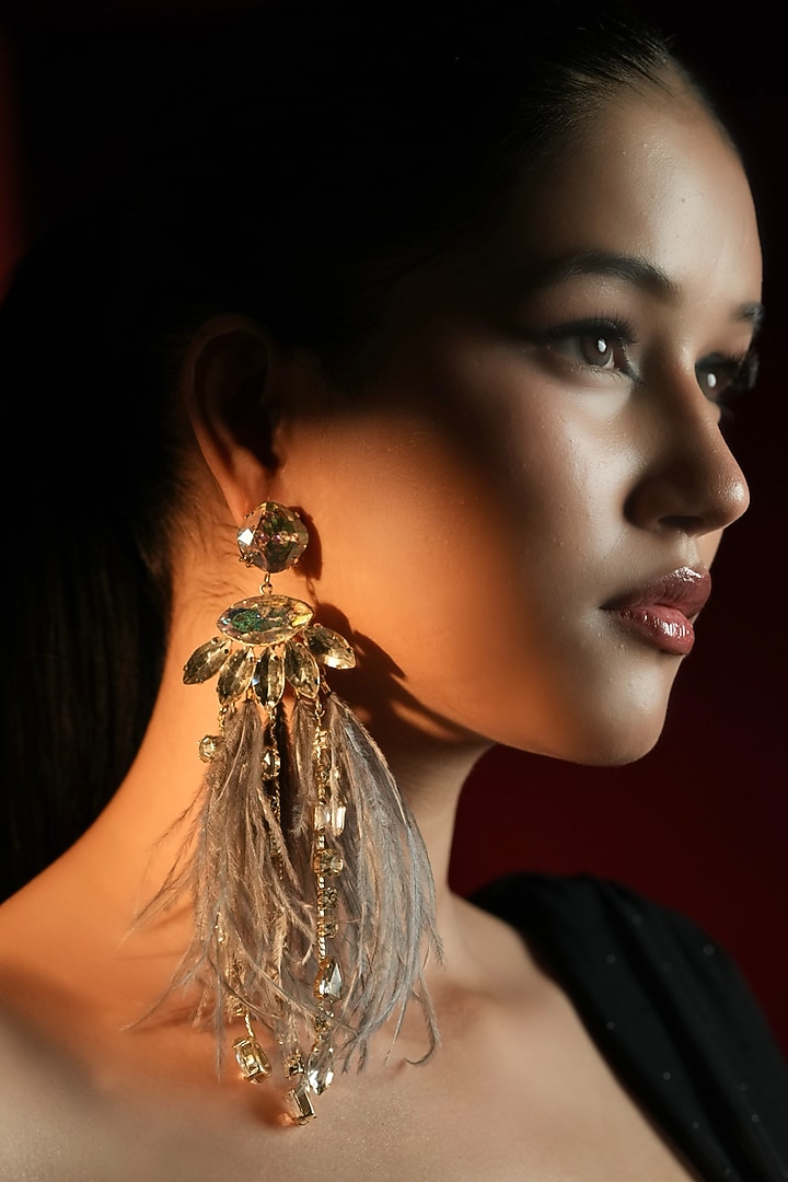 Gold Finish Crystal & Grey Feather Dangler Earrings by Bijoux By Priya Chandna at Pernia's Pop Up Shop