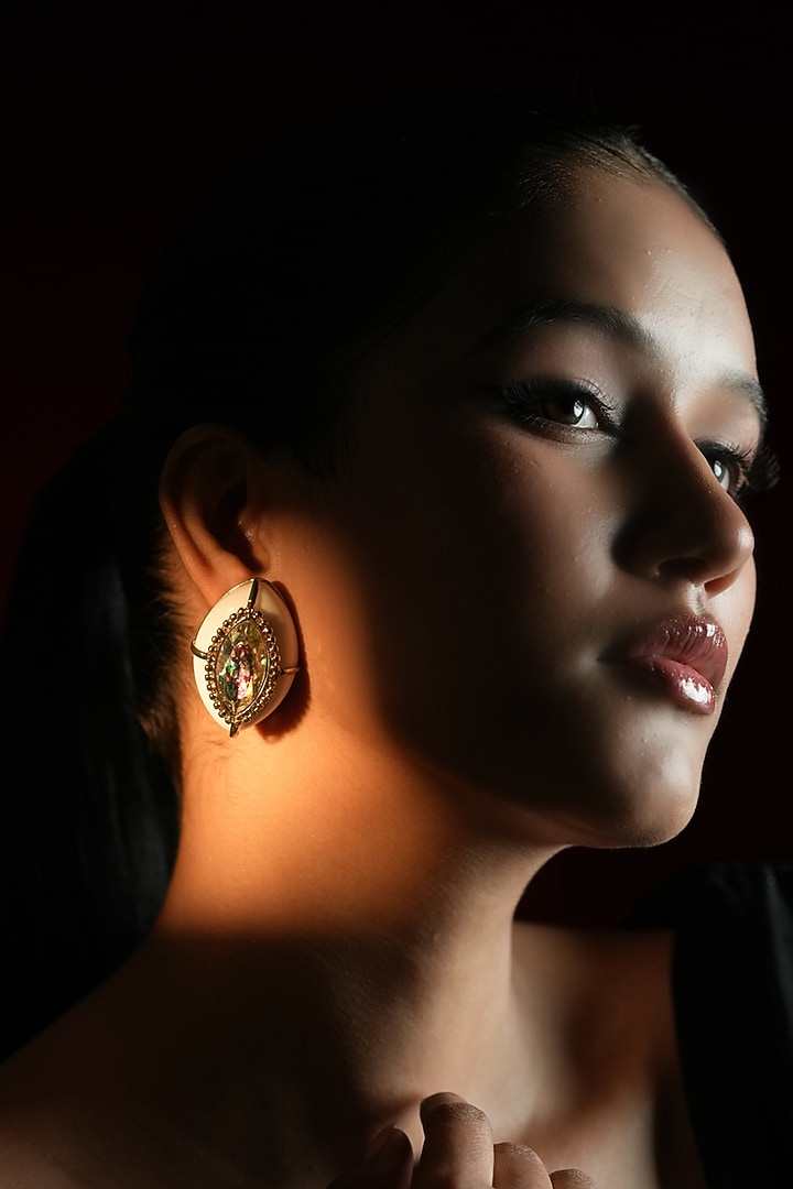 Gold Finish Crystal Stud Earrings by Bijoux By Priya Chandna at Pernia's Pop Up Shop