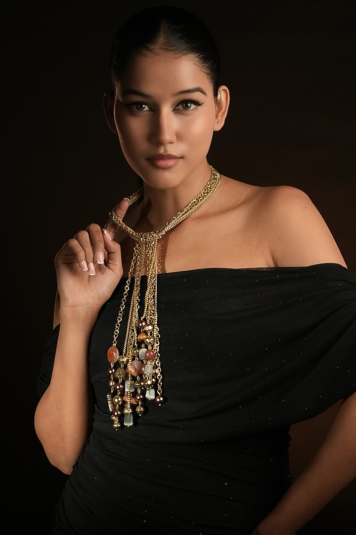 Gold Finish Amber Brown & Smoky Grey Beaded Lariat Necklace by Bijoux By Priya Chandna at Pernia's Pop Up Shop