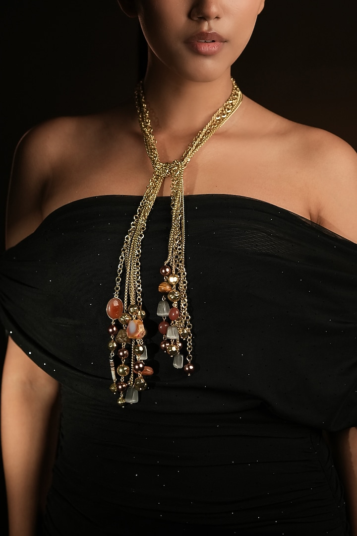 Gold Finish Amber Brown & Smoky Grey Beaded Lariat Necklace by Bijoux By Priya Chandna at Pernia's Pop Up Shop