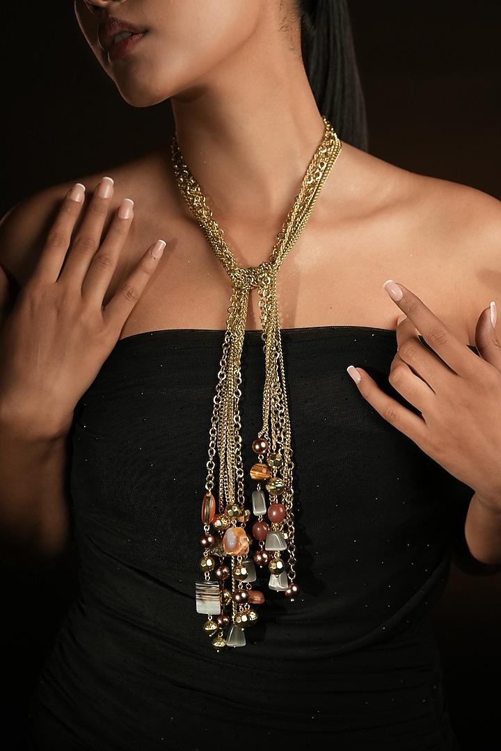 Gold Finish Amber Brown & Smoky Grey Beaded Lariat Necklace by Bijoux By Priya Chandna at Pernia's Pop Up Shop