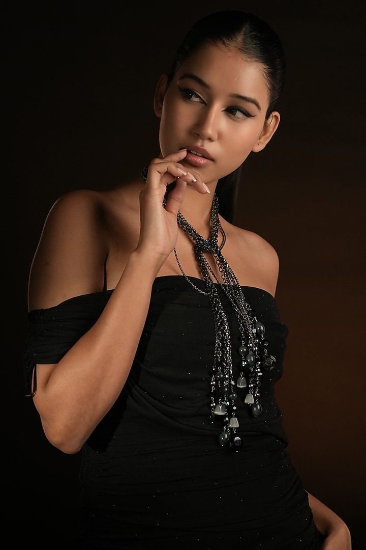 Gunmetal Finish Black beaded & Pearl Tie-Style Necklace by Bijoux By Priya Chandna at Pernia's Pop Up Shop
