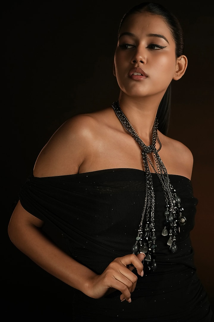 Gunmetal Finish Black beaded & Pearl Tie-Style Necklace by Bijoux By Priya Chandna at Pernia's Pop Up Shop