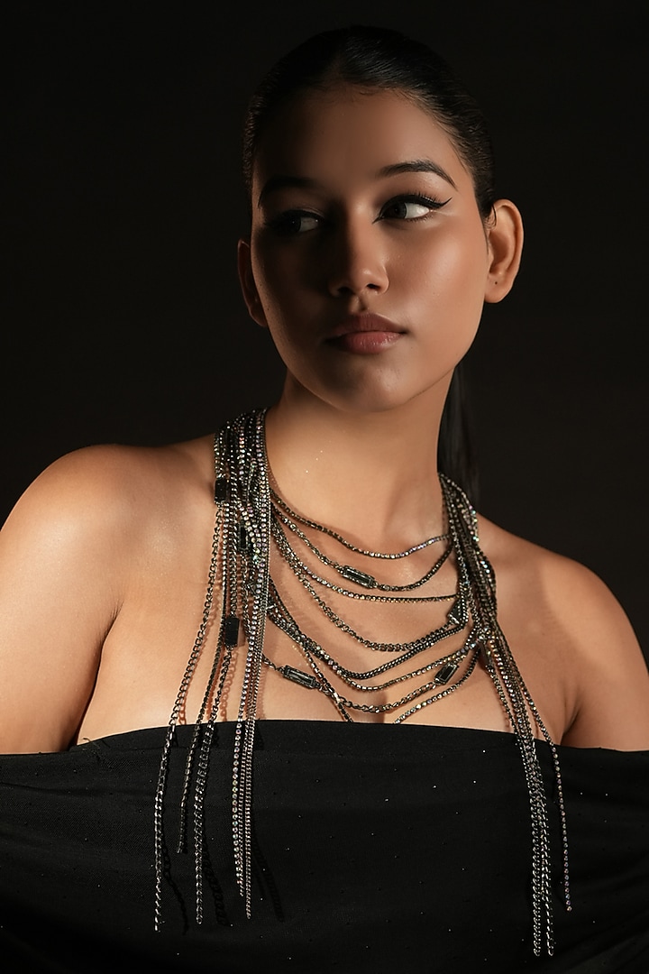 Gunmetal Finish Crystal Strand & Mirror Long Necklace by Bijoux By Priya Chandna at Pernia's Pop Up Shop