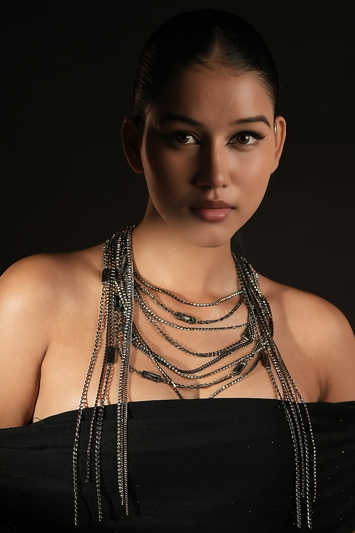 Gunmetal Finish Crystal Strand & Mirror Long Necklace by Bijoux By Priya Chandna at Pernia's Pop Up Shop