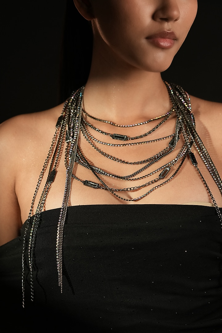 Gunmetal Finish Crystal Strand & Mirror Long Necklace by Bijoux By Priya Chandna at Pernia's Pop Up Shop
