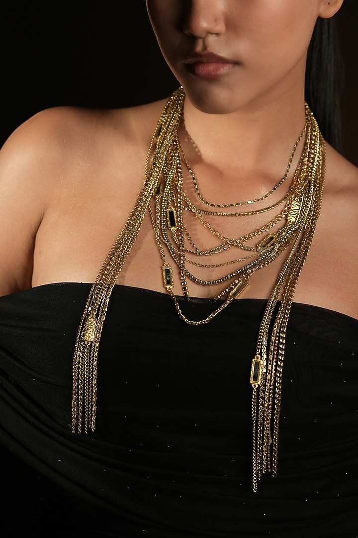 Gold Finish Crystal & Mirror Layered Necklace by Bijoux By Priya Chandna at Pernia's Pop Up Shop
