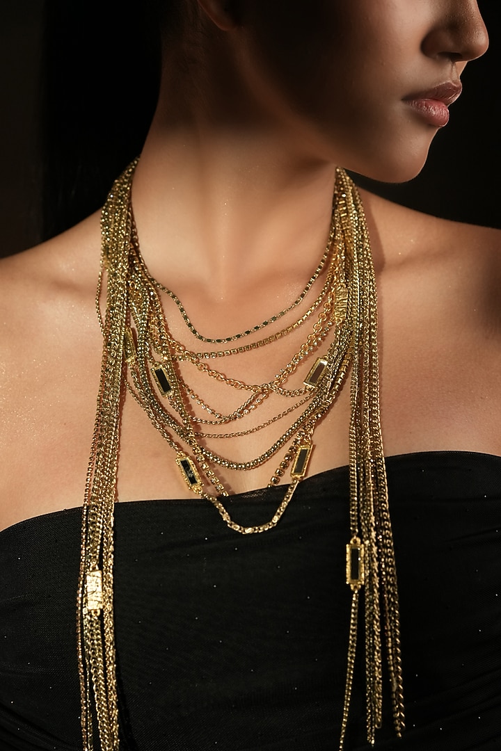 Gold Finish Crystal & Mirror Layered Necklace by Bijoux By Priya Chandna at Pernia's Pop Up Shop