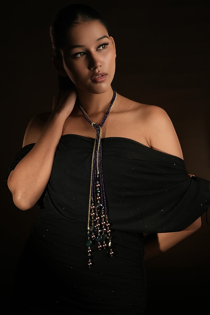 Gold Finish Deep Purple Beaded long Necklace by Bijoux By Priya Chandna at Pernia's Pop Up Shop