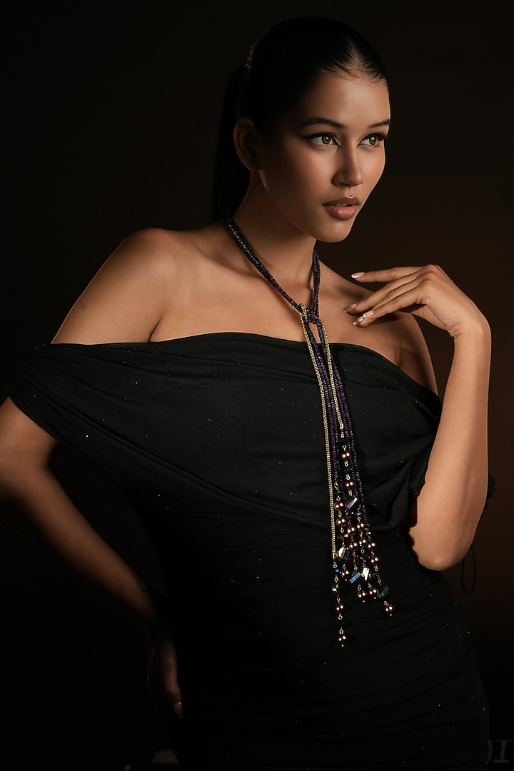 Gold Finish Deep Purple Beaded long Necklace by Bijoux By Priya Chandna at Pernia's Pop Up Shop
