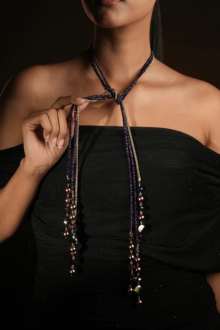 Gold Finish Deep Purple Beaded long Necklace by Bijoux By Priya Chandna at Pernia's Pop Up Shop