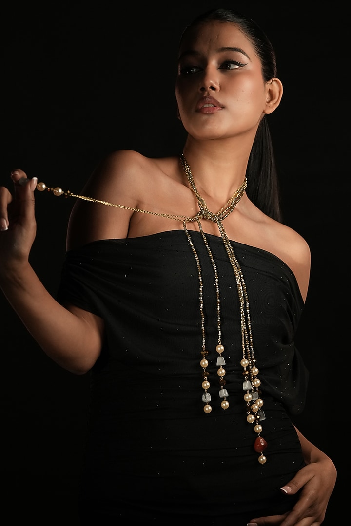 Gold Finish Pearl & Smoky Beaded long Necklace by Bijoux By Priya Chandna at Pernia's Pop Up Shop