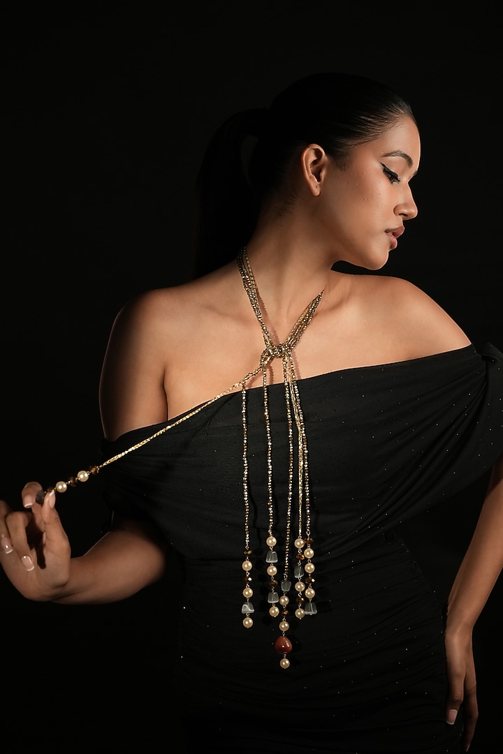 Gold Finish Pearl & Smoky Beaded long Necklace by Bijoux By Priya Chandna at Pernia's Pop Up Shop